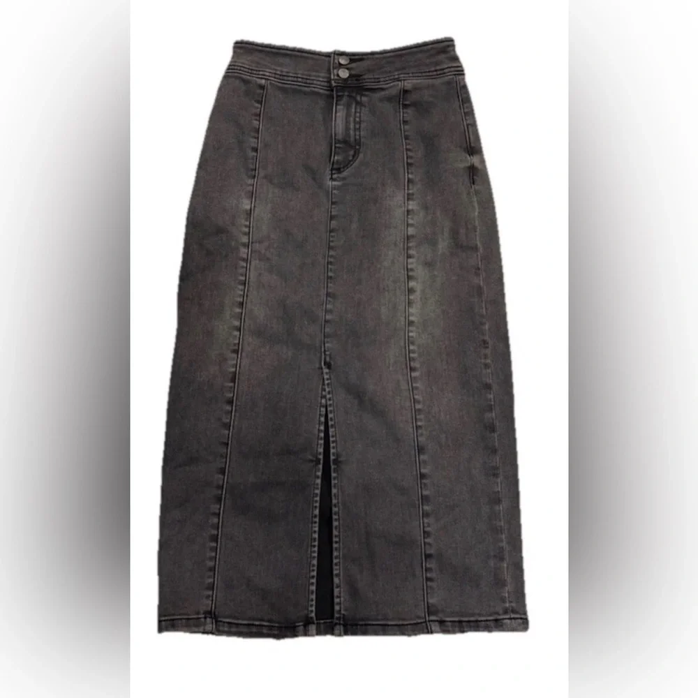 Free People We The Free Maddie Black Denim Midi Skirt Front Slit Button Fly 25